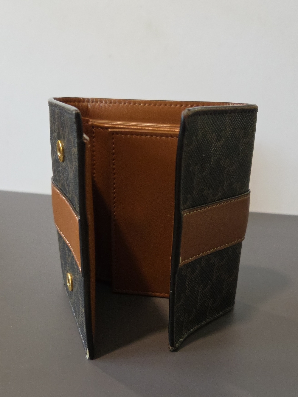 Celine Triomphe Pattern Compact Trifold Wallet in Dark Brown with Tan Accent - Picture 3 of 11
